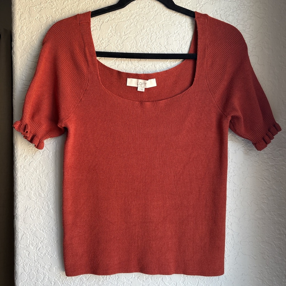 LOFT Womens M Square Neck‎ Shirt Ribbed Short Sleeve Sweater Rust Orange Ruffle